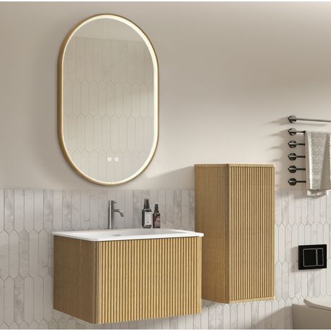 Meuble de salle de bain suspendu 60 cm avec lavabo, colonne et miroir LED ovale, effet chêne (1/5)