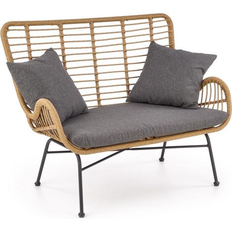 Canapé 2 personnes en rotin synthétique avec coussins en tissu gris et structure en métal noir CARNAC XL (1/5)