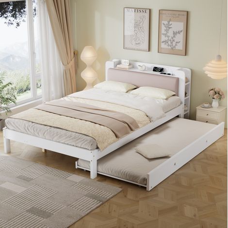 Cama adulta de 120x200 cm con cama nido de 90x190 cm, cabecero acolchado, estante y estación de carga, madera blanca. (1/5)