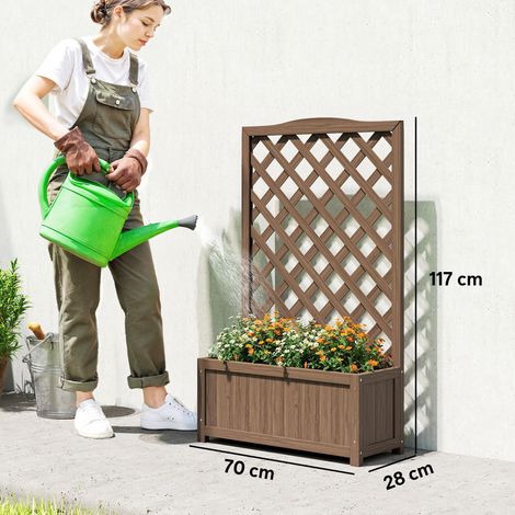 Jardinière équipé de treillis, bac à fleurs, légumes, pour plantes grimpantes, fleurs, en bois massif, 70x28x117cm café foncé (1/4)
