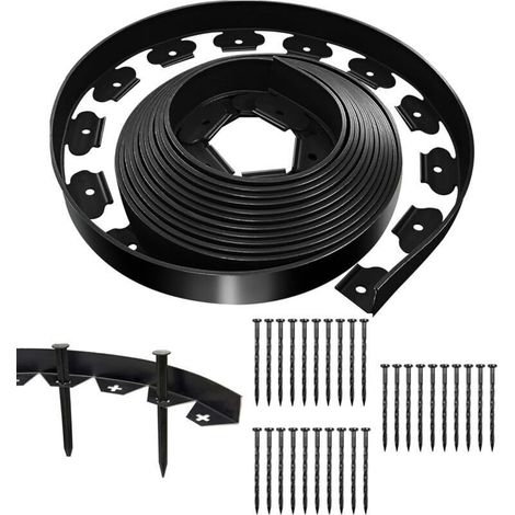 Bordure de pelouse flexible noire 10 m x 5 cm avec 30 clous de fixation, bordure de jardin extérieure en plastique, bordure de jardin en rouleau (1/4)