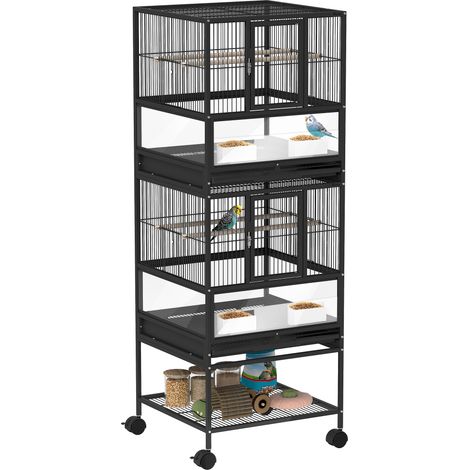 Gabbia uccelli 2 piani con mangiatoie acriliche, trespoli, ruote, ripiano inferiore, 48x46x134,5 cm, nera