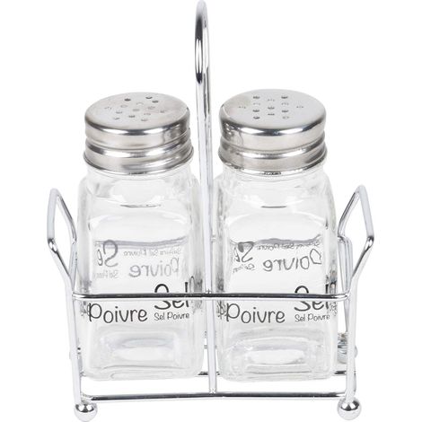 Ensemble SALIERE et POIVRIERE en verre et bouchon Inox avec support en Fer Chromé - Lot de Salière et Poivrière Traditionnelle (1/3)