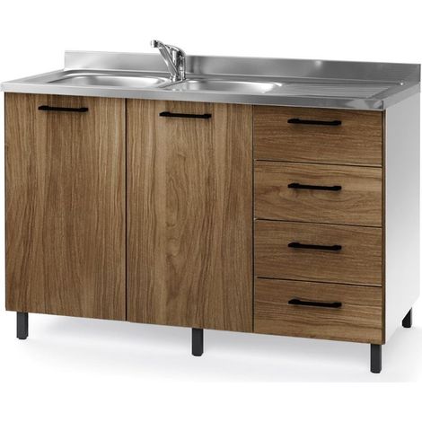Sottolavello con cassetti e lavello 120 cm noce naturale destro (1/3)