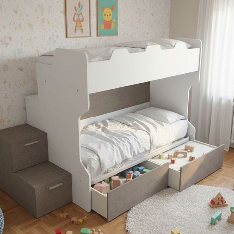 Letto a castello salvaspazio con scala a cassettoni e camminatoio - Bianco e Fumo