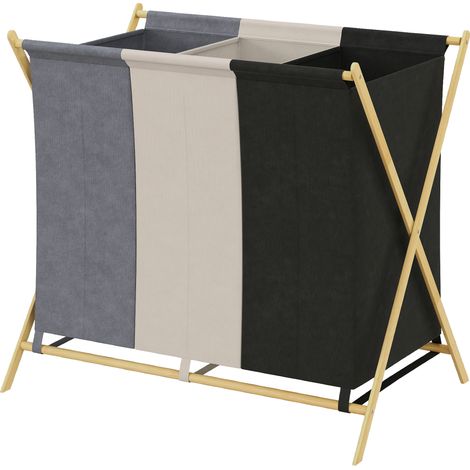 Panier à linge pliable à 3 compartiments, en tissu effet bambou et lin, 75 x 48 x 67 cm, multicolore