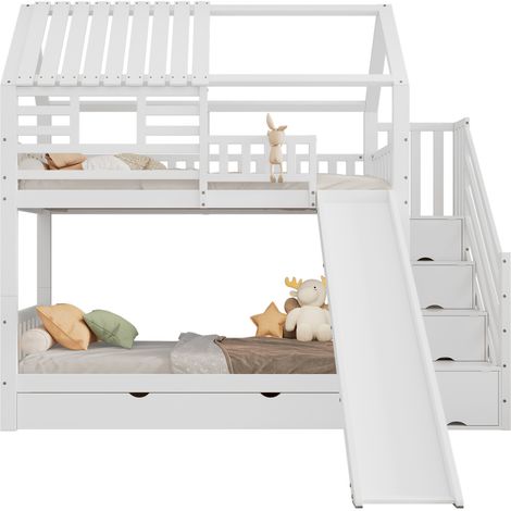 CHICFURN Litera infantil 90x200 cm blanca de pino y MDF con escalera, almacenaje y tobogán (1/5)