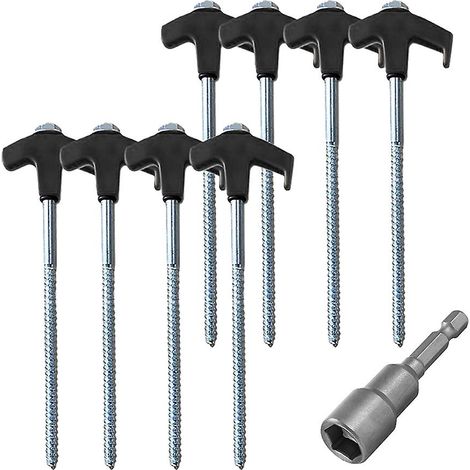 Lot de 8 piquets de tente à visser avec douille hexagonale, vis spirale robustes, pour le camping en extérieur (noir). (1/5)