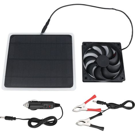 Pannello solare in silicio monocristallino da 10 W e 12 V, ventola alimentata, 1  linea di uscita con morsetto a coccodrillo CC + ventola di scarico solare
