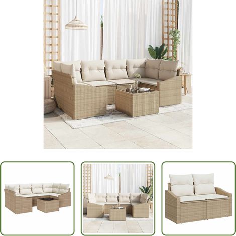 Poly-Rattan - Sofa Set mit Kissen 7 pcs Beige und Creme Poly-Rattan (1/5)