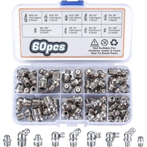 Assortiment de graisseurs - 60 pièces - convient pour graisseurs filetés M6 M8 M10, graisseurs avec filetage extérieur, graisseurs droits/45°/90° pour équipements mécaniques, graisseurs à visser (1/5)