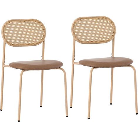 Lot de 2 chaises salle à manger - dossier rotin naturel, assise simili cuir marron, pieds métal (1/5)