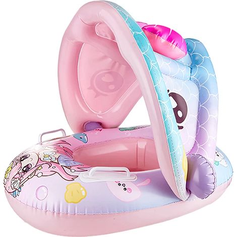 Inflatable Cartoon Toy with Floating Seat and Detachable Sunshade, Dual Purpose for Babies in the Pool and Bath, Animal Print Swimming Ring (1/5)