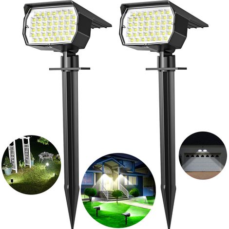 Lot de 2 Spots Solaires Extérieurs à Piquer 46 LED, Lampe Solaire Jardin Blanc Froid avec Capteur Crépusculaire, Projecteur Solaire IP65 Étanche pour Arbre, Pelouse, Allée, Cour et Terrasse, Style Eur (1/4)