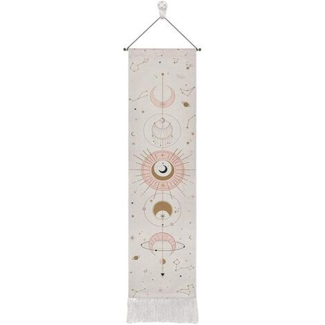 Tapisserie murale de 32,5 x 145 cm, longue, motif de phase de la lune et de constellation, style bohème, avec barre de suspension, cordon et crochet, pour salon, chambre à coucher, blanche