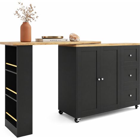 Îlot de cuisine pivotant 360° sur roulettes, meuble de bar multifonction avec 3 tiroirs, snack reglage, 203 x 39 x 106 cm, noir - CHICFURN (1/5)