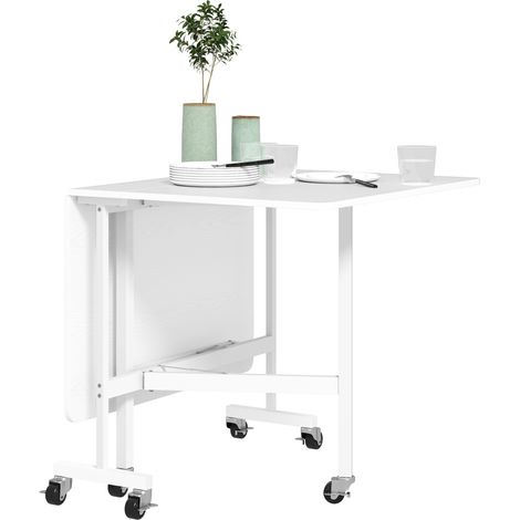 Table 120 x 80 x 73 cm pliante à manger pour 4 6 personnes avec roues et ailes pliantes de cuisine, blanche (1/5)