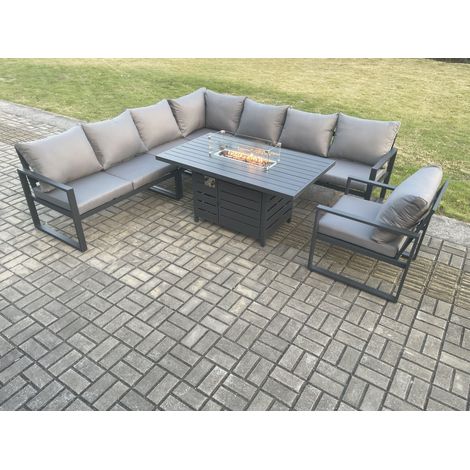 Fimous Aluminium 7 Pieces Garden Furniture Corner Sofa Set with Cushions Gas Fire Pit Dining Table Set Gas Heater Burner with Chair Dark Grey (1/5)