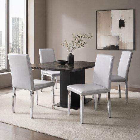 Juego de 4 sillas de comedor, PU gris claro, patas de metal plateadas HAVRYA (1/5)