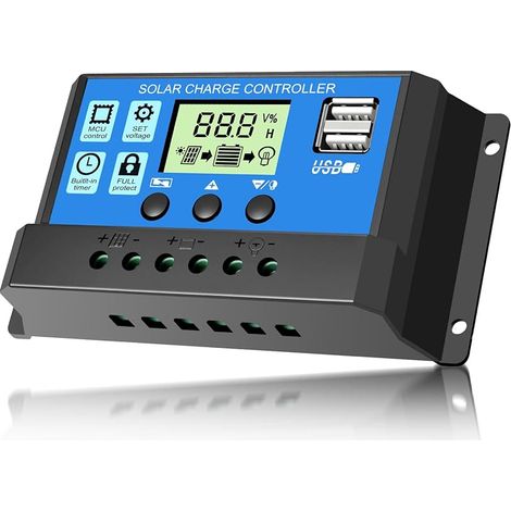Régulateur de Charge Solaire 30A 12V/24V avec affichage LED, double port USB, réglage du temps et paramètres automatiques PWM (1/5)