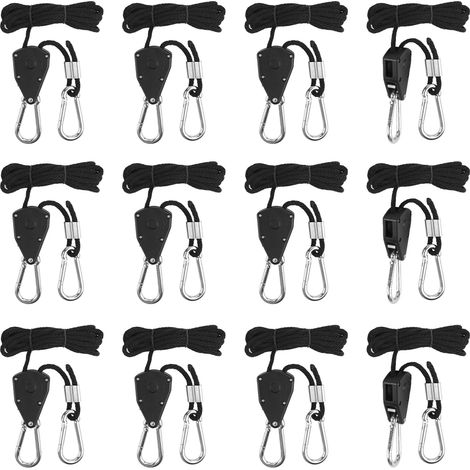 12 Pièces Cordes à Cliquet, 2 Mètres Corde Cliquet Corde à cliquet réglable, Corde de Suspension, Cliquet avec Crochets pour Lampe ou Plantes Corde de Crochet Réglable