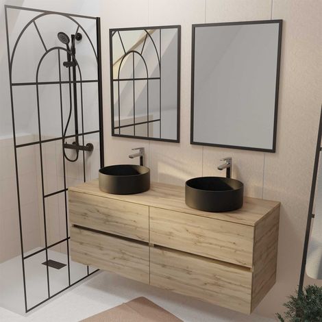 Mobile Bagno 120cm 4 Cassetti Rovere Naturale, 2 Lavabi Ø36cm in Ceramica Nera, 2 Specchi 60x80