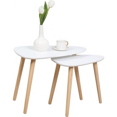 Lot de 2 tables basses gigognes design scandinave pieds en bois et plateau en bois, blanc (1/5)