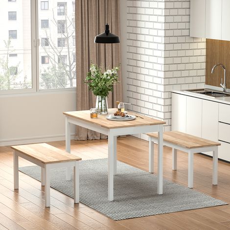 White Set of 3 Modern Wood Dining Table and Benches (1/5)