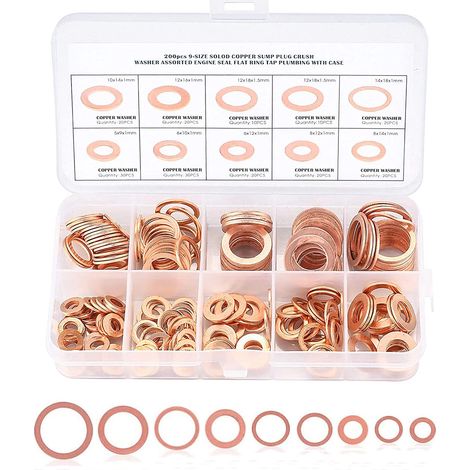 200 Pièces de Rondelles, Jeu de Bagues D'étanchéité Plates en Cuivre, Combinaison de kits de Classification de Bagues D'étanchéité en Cuivre, Avec vis en Boîte (1/5)