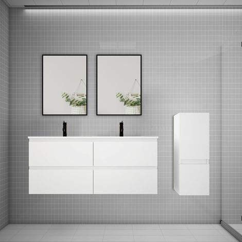Ensemble 2 meubles blanc et vasques L.120cm 4 tiroirs + colonne + lavabo + 2xmiroir-suspendu (1/5)