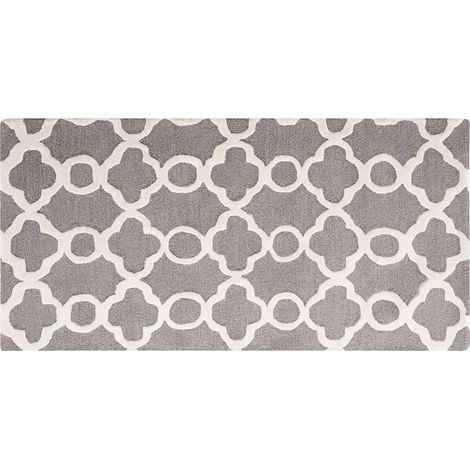 Alfombra de lana gris 80 x 150 cm enrejado patrón cuadrifolio trébol oriental marroquí tejida a mano Zile
