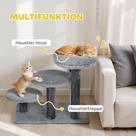 Arbre à chat avec escalier pour chat, base large, tissu peluche, poteau à griffer en sisal, gris (1/5)