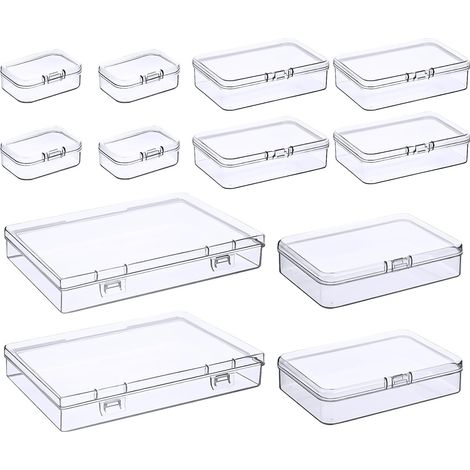 12 Boite rangement, 4 tailles, Plastique transparent, Couvercle clapet, Pour perles bijoux artisanat