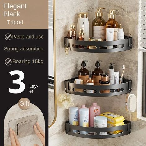 (3 pièces) Étagère de rangement de salle de bain en plastique, porte-shampoing, étagère de douche adhésive, étagère d'angle pour serviettes, sans perçage (1/5)