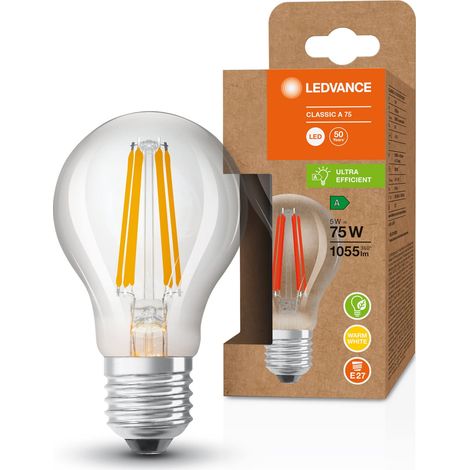 LEDVANCE Lampadina LED a risparmio energetico, lampadina a filamento, E27, bianco caldo (3000K), 5 watt, sostituisce la lampadina da 75W, altamente efficiente e a risparmio energetico, confezione da 1 (1/5)