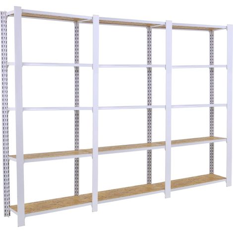 OFFICLICK Étagère 5 étagères en métal sans vis (210x240x30cm) BLANC et OSB (1/5)