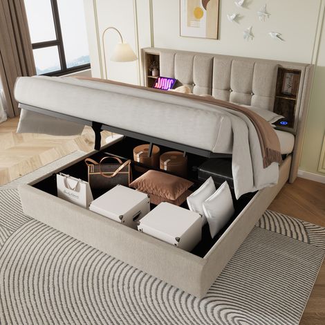 Cama con espacio de almacenamiento tapizada en lino natural 160x200 cm con carga inalámbrica, USB y somier de láminas (1/5)