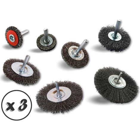 Brosse rotative circulaire métallique Fil acier sur tige Ø 6 mm - Lot de 3 - Pack 7 Ø différents - Fil dur (1/3)
