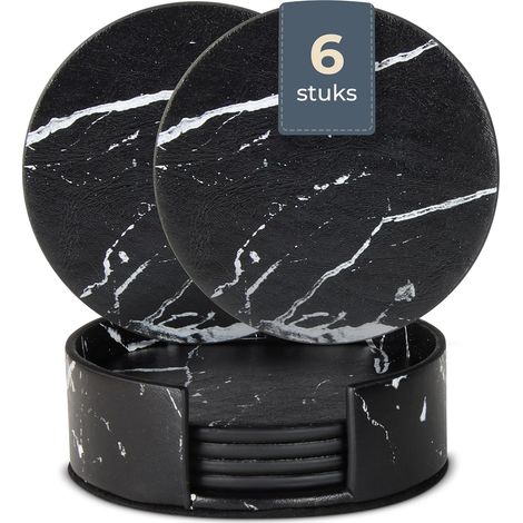 Dessous de verre - Lot de 6 - Cuir synthétique - Noir - Aspect marbre - 10 cm - Dessous de verre en cuir - Cuir - Dessous de verre pour boissons (1/5)