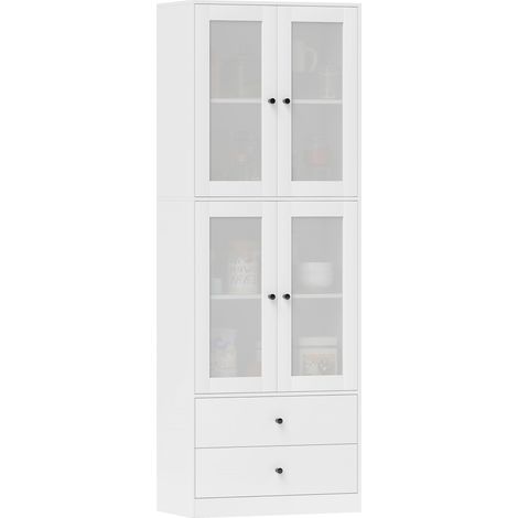 Meuble de cuisine avec tiroirs et portes vitrées, surface en mélamine, blanc (1/5)
