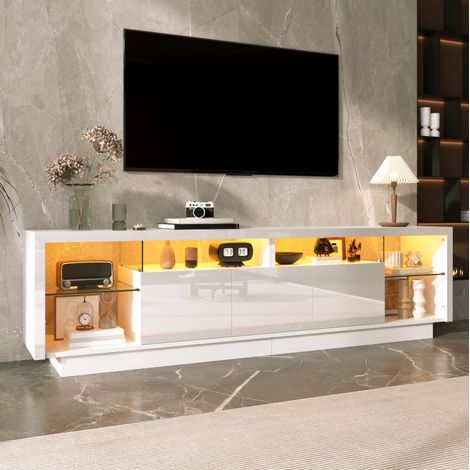 Meuble TV blanc avec éclairage LED – Dimensions 200x38x55 cm – Bois d'ingénierie résistant à l'humidité – Grand espace de rangement (1/5)
