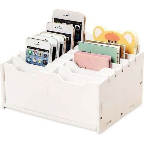Supporto per telefono cellulare a 12 scomparti, scatola portaoggetti per telefoni cellulari, calcolatrice da scrivania in legno, supporto per telefono cellulare, organizzatore da scrivania (1/4)