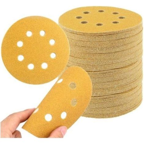 Lote de 50 discos abrasivos de 125 mm, 5 discos de lijado redondos de 8 orificios de 12,7 cm (lija amarilla) (1/5)