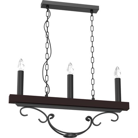 Suspension Tuluza noir, barre bois 60 cm 3xE14 Luminex
