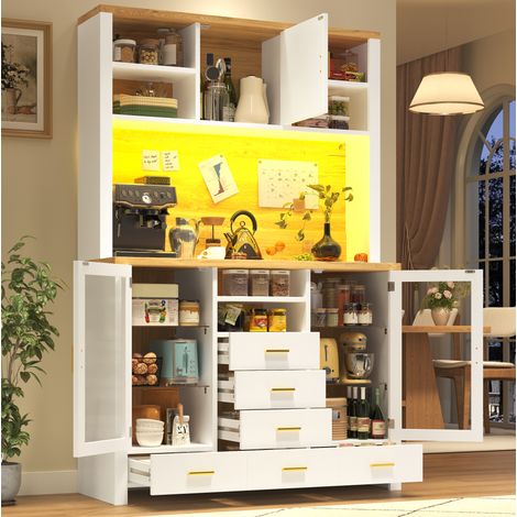 MEUBLIV aparador de cocina 120x40x180 cm blanco y madera con LED, enchufe y botellero (1/5)