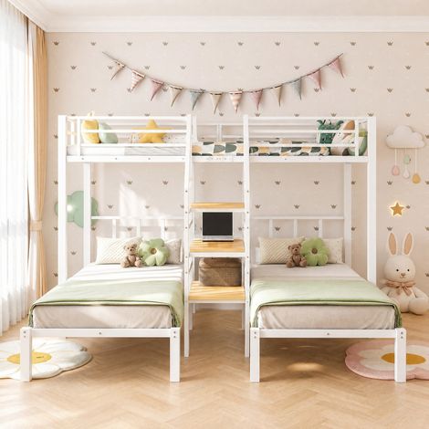 Litera triple 90x200 cm con LED, escalera con almacenaje, 2 USB, enchufe, escritorio y estante, estructura de metal y MDF, blanca, para 250 kg CHICFURN (1/5)