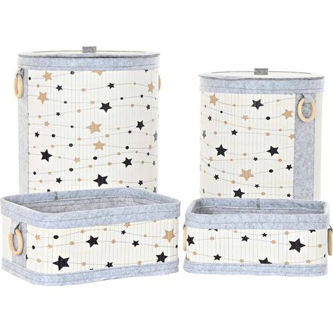 Panier en bambou feutré motifs étoiles élégants - Blanc avec motifs étoiles grises et dorées (1/4)