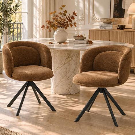 Wahson Lot de 2 Chaises Salle à Manger en Chenille, Pivotante à 360°,Chaise de Cuisine Assise Rembourrée, Épais avec Double Dossier pour Bureau Salon Chambre, Marron