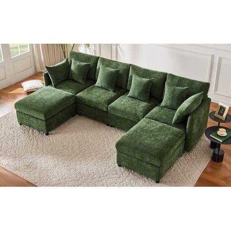 Canapé d'Angle Modulaire en Chenille Vert, Ensemble avec 2 Poufs et 6 Coussins, Style Moderne Idéal pour Salon Appartement Espace Résidentiel (1/5)