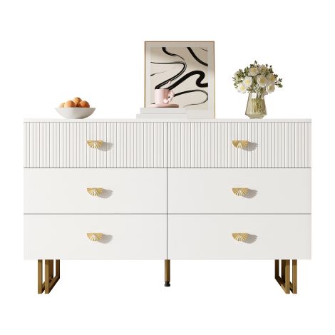 Commode moderne à 6 tiroirs — Meuble de rangement blanc avec poignées en alliage de zinc et pieds en acier — Unité de rangement en MDF, idéale pour la chambre, le salon ou l'entrée.